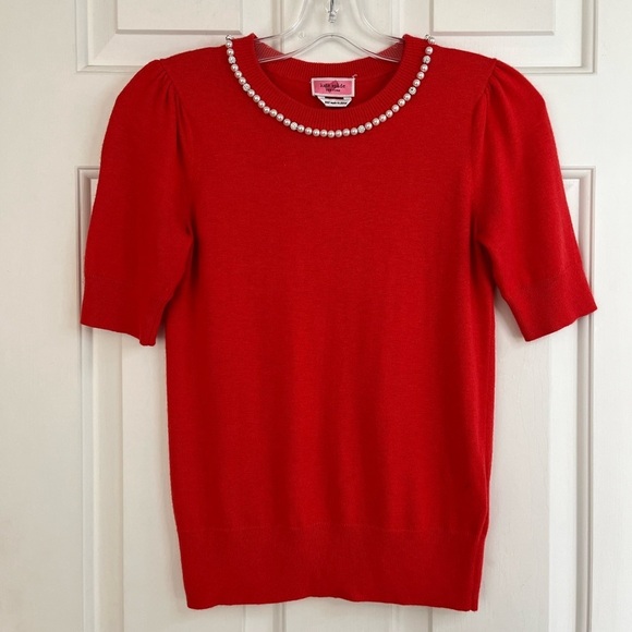 🥤 Kate Spade Pearl Pave Red Wool Blend Short Sleeve Sweater Size XXS - Picture 4 of 14